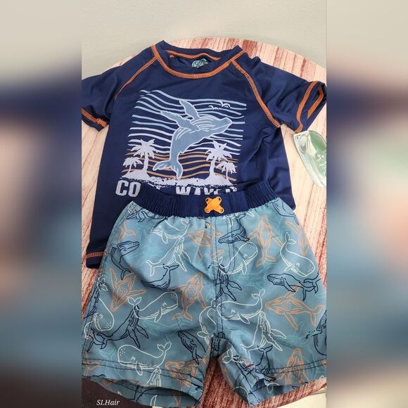 Quad Seven 2 piece swim set boys 3T blue graphic whales NWT - Picture 1 of 8